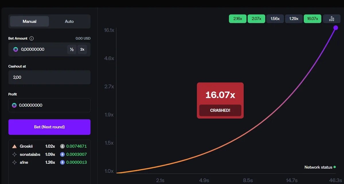 Shuffle Crash game screen with the multiplier curve