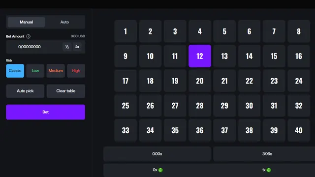 Grille de Shuffle Keno avec les numéros de 1 à 40
